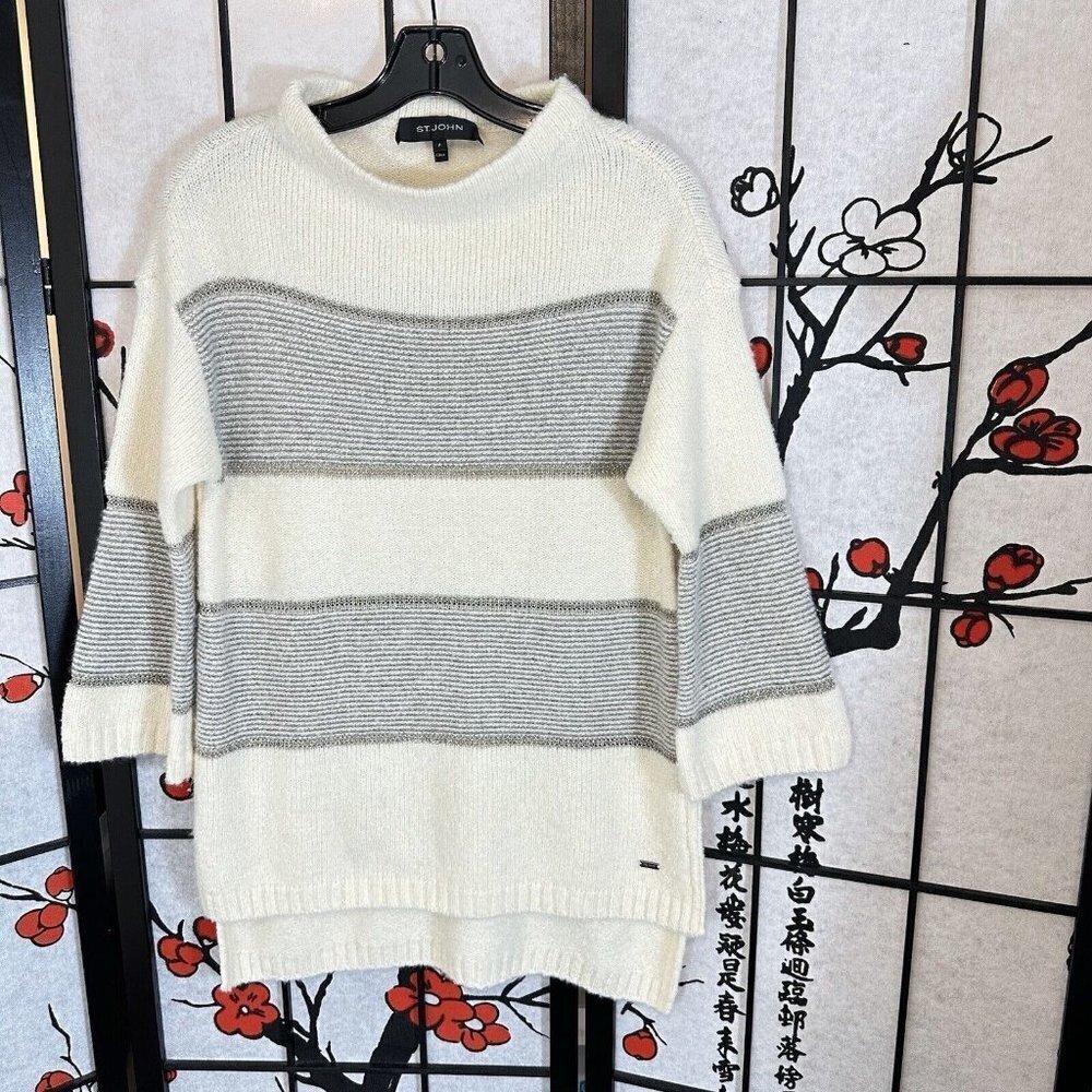 St. John Wool Cashmere Oversized Tunic Sweater Size P Small High Low Colorblock